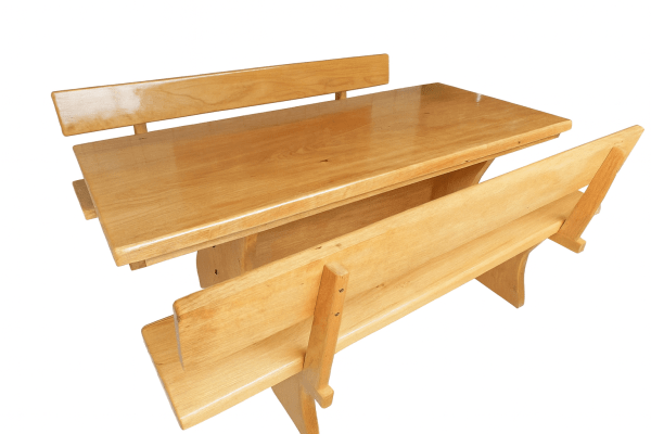 Conjunto Mesa Rústica Jantar (200cm x 86cm x 5,5cm) com 2 Bancos Rústicos com Encosto (200cm X 36cm x 4cm) de Madeira Maciça de Tauari – 8 lugares 