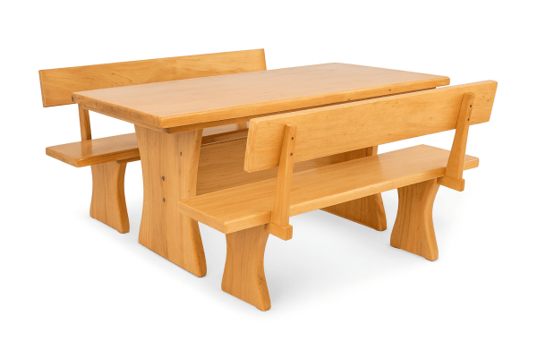 Conjunto Mesa Rústica Jantar (200cm x 86cm x 5,5cm) com 2 Bancos Rústicos com Encosto (200cm X 36cm x 4cm) de Madeira Maciça de Tauari – 8 lugares 