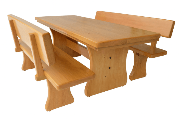 Conjunto Mesa Rústica Jantar (200cm x 86cm x 5,5cm) com 2 Bancos Rústicos com Encosto (200cm X 36cm x 4cm) de Madeira Maciça de Tauari – 8 lugares 