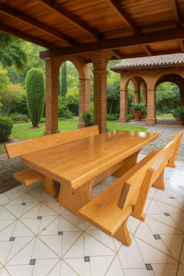 Conjunto Mesa Rústica Jantar (200cm x 86cm x 5,5cm) com 2 Bancos Rústicos com Encosto (200cm X 36cm x 4cm) de Madeira Maciça de Tauari – 8 lugares 