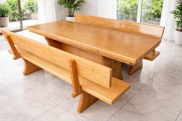 Conjunto Mesa Rústica Jantar (200cm x 86cm x 5,5cm) com 2 Bancos Rústicos com Encosto (200cm X 36cm x 4cm) de Madeira Maciça de Tauari – 8 lugares 