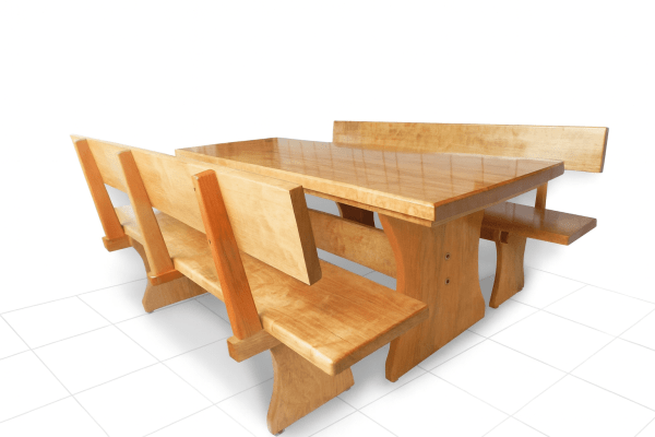 Conjunto Mesa Rústica Jantar (250cm x 85cm X 6cm) com 2 Bancos Rústicos com Encosto (250cm X 36cm X 4cm) de Madeira Maciça de Tauari – 08 lugares