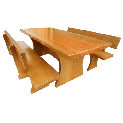 Conjunto Mesa Rústica Jantar (250cm x 85cm X 6cm) com 2 Bancos Rústicos com Encosto (250cm X 36cm X 4cm) de Madeira Maciça de Tauari – 08 lugares