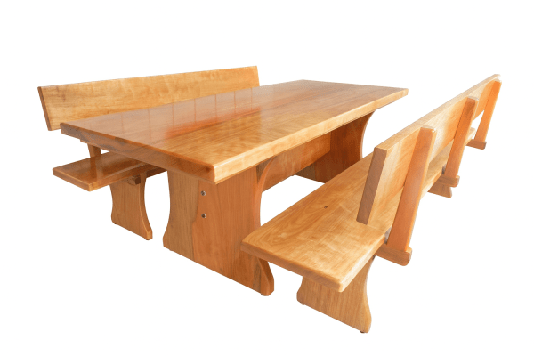 Conjunto Mesa Rústica Jantar (250cm x 85cm X 6cm) com 2 Bancos Rústicos com Encosto (250cm X 36cm X 4cm) de Madeira Maciça de Tauari – 08 lugares