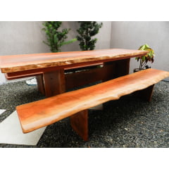 Conjunto Mesa Rústica Madeira Maciça Maçaranduba Tampão(240cm x 85cm x 6cm)Pés Quadrados com 2 bancos tampão (2,40mts x 35cm x 4cm) e 2 bancos cabeceira (1,00mt x 35cm x 4cm) 100% orgânica - Acabamento Verniz PU – 10 a 12  lugares