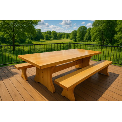 Conjunto Mesa Rústica Tampão (250cm x 90cm x 5cm) com 2 Bancos Rústicos Tampão (250cm X 36cm X 4cm) Pés formato Taça Madeira Maciça Tauari – Acabamento Verniz Auto Brilho - 8 lugares