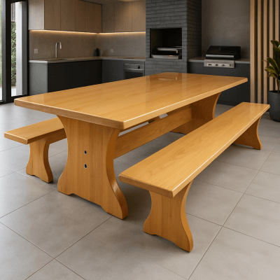 Conjunto Mesa Rústica Tampão (250cm x 90cm x 5cm) com 2 Bancos Rústicos Tampão (250cm X 36cm X 4cm) Pés formato Taça Madeira Maciça Tauari – Acabamento Verniz Auto Brilho - 8 lugares