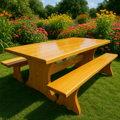 Conjunto Mesa Rústica Tampão (250cm x 90cm x 5cm) com 2 Bancos Rústicos Tampão (250cm X 36cm X 4cm) Pés formato Taça Madeira Maciça Tauari – Acabamento Verniz Auto Brilho - 8 lugares