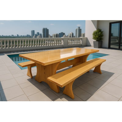 Conjunto Mesa Rústica Tampão (250cm x 90cm x 5cm) com 2 Bancos Rústicos Tampão (250cm X 36cm X 4cm) Pés formato Taça Madeira Maciça Tauari – Acabamento Verniz Auto Brilho - 8 lugares