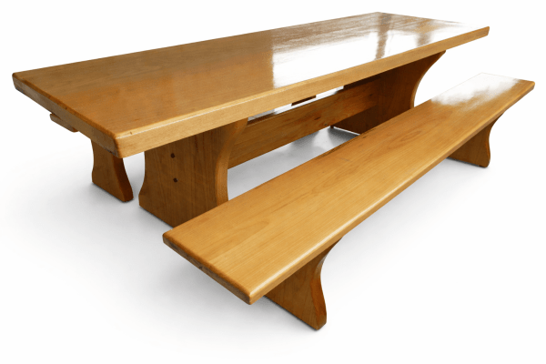 Conjunto Mesa Rústica Tampão (250cm x 90cm x 5cm) com 2 Bancos Rústicos Tampão (250cm X 36cm X 4cm) Pés formato Taça Madeira Maciça Tauari – Acabamento Verniz Auto Brilho - 8 lugares