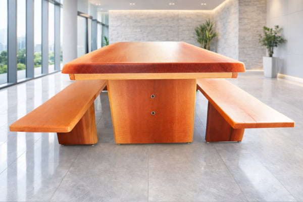 Conjunto Mesa Rústica Madeira Maciça Maçaranduba Tampão(240cm x 85cm x 6cm)Pés Quadrados com 2 bancos tampão (2,40mts x 35cm x 4cm) 100% orgânica - Acabamento Verniz AutoBrilho – 08 a 10  lugares