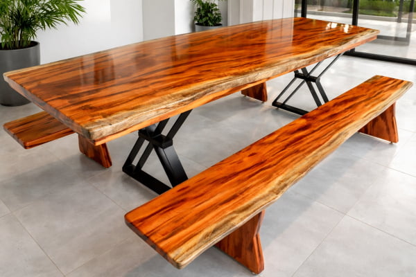 Conjunto Mesa Rústica Tampão (2,20mts x 0,80mts x 5,5cm) com 02  Bancos Rústicos tampão(220cm x 36cm x 4cm) em Madeira Maciça de Muiracatiara - Pés de ferro Metalom Preto - Acabamento Verniz – 08 lugares