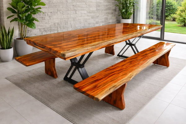 Conjunto Mesa Rústica Tampão (2,20mts x 0,80mts x 5,5cm) com 02  Bancos Rústicos tampão(220cm x 36cm x 4cm) em Madeira Maciça de Muiracatiara - Pés de ferro Metalom Preto - Acabamento Verniz – 08 lugares