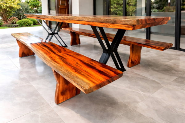 Conjunto Mesa Rústica Tampão (2,20mts x 0,80mts x 5,5cm) com 02  Bancos Rústicos tampão(220cm x 36cm x 4cm) em Madeira Maciça de Muiracatiara - Pés de ferro Metalom Preto - Acabamento Verniz – 08 lugares