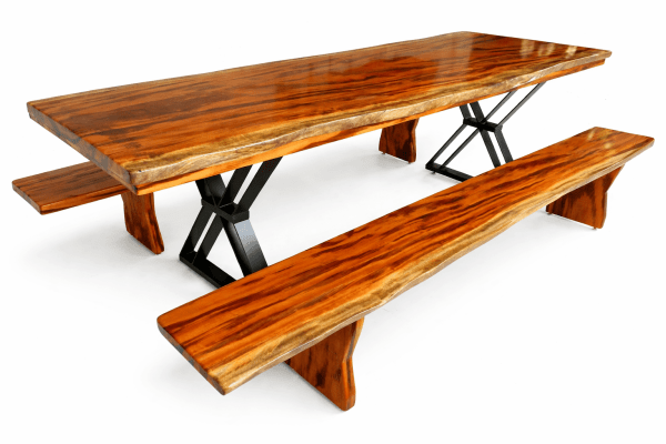 Conjunto Mesa Rústica Tampão (2,20mts x 0,80mts x 5,5cm) com 02  Bancos Rústicos tampão(220cm x 36cm x 4cm) em Madeira Maciça de Muiracatiara - Pés de ferro Metalom Preto - Acabamento Verniz – 08 lugares