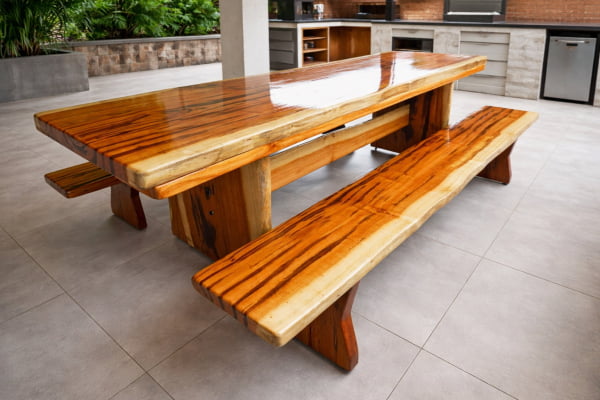 MESA RÚSTICA(250CM X 80CM X 5,5CM) COM 2 BANCOS(250CM X 36CM X 4CM) PÉS FORMATO TAÇA MADEIRA MACIÇA DE MUIRACATIARA ACABAMENTO VERNIZ INCOLOR AUTO-BRILHO - 8 LUGARES MESA RÚSTICA(250CM X 80CM X 5,5CM) COM 2 BANCOS(250CM X 36CM X 4CM) PÉS FORMATO TAÇA MADEIRA MACIÇA DE MUIRACATIARA ACABAMENTO VERNIZ INCOLOR AUTO-BRILHO - 8 LUGARES