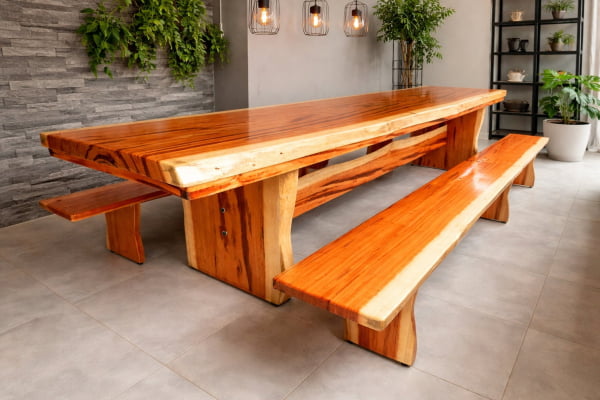 Mesa Rústica(400cm x 80cm x 5,5cm) c/ 4 Bancos(200cm X 36cm X 4cm) Pés forma Taça Madeira Maciça de Muiracatiara Acabamento Verniz Incolor Auto-Brilho - 14 lugares Mesa Rústica(400cm x 80cm x 5,5cm) c/ 4 Bancos(200cm X 36cm X 4cm) Pés forma Taça Madeira Maciça de Muiracatiara Acabamento Verniz Incolor Auto-Brilho - 14 lugares