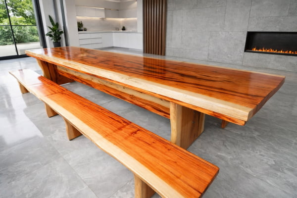 Mesa Rústica(400cm x 80cm x 5,5cm) c/ 4 Bancos(200cm X 36cm X 4cm) Pés forma Taça Madeira Maciça de Muiracatiara Acabamento Verniz Incolor Auto-Brilho - 14 lugares Mesa Rústica(400cm x 80cm x 5,5cm) c/ 4 Bancos(200cm X 36cm X 4cm) Pés forma Taça Madeira Maciça de Muiracatiara Acabamento Verniz Incolor Auto-Brilho - 14 lugares