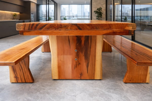 Mesa Rústica(400cm x 80cm x 5,5cm) c/ 4 Bancos(200cm X 36cm X 4cm) Pés forma Taça Madeira Maciça de Muiracatiara Acabamento Verniz Incolor Auto-Brilho - 14 lugares